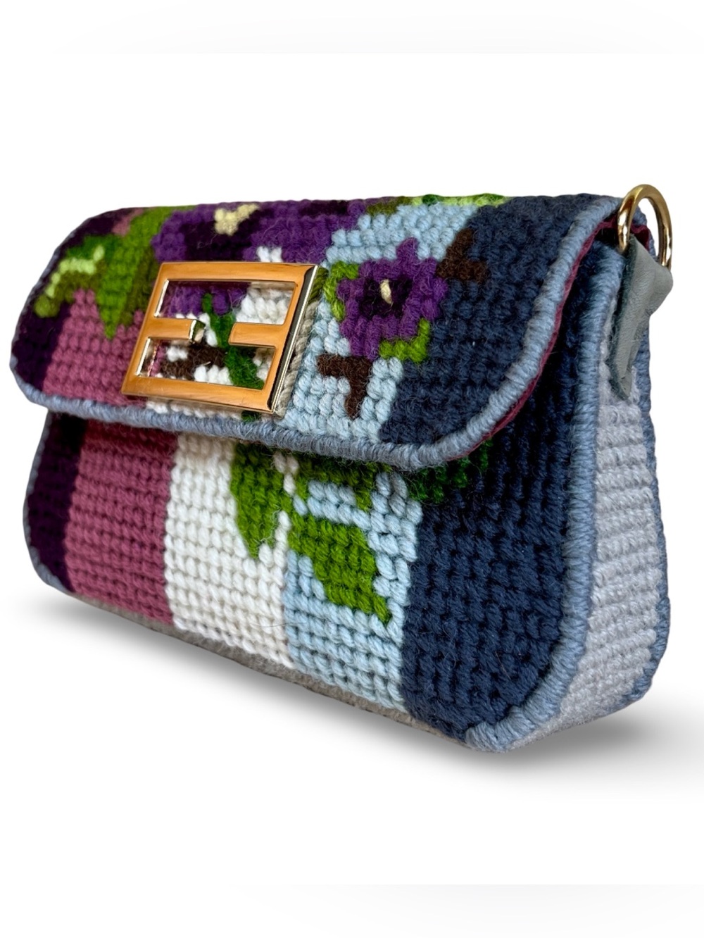 Needlepoint Mini Baguette Floral Small Clutch or Gold Chain Strap Crossbody Bag